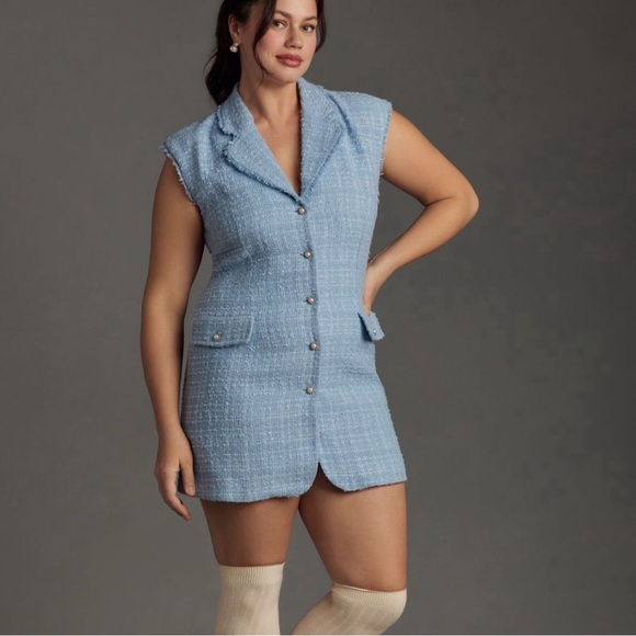 Anthropologie Maeve Sleeveless Tweed Blazer Mini Dress Blue Size 14W EUC - Picture 1 of 9